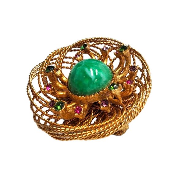 Vtg Green Peking Glass Cabochon Brooch Pink Rhinestone Intricate Wire Gold Tone - Picture 4 of 8